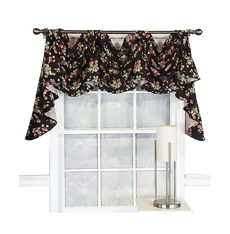 Rlf Home Strawberry Fields 3-Scoop Victory Swag for your Your Home Decor 4" Top Tabs Center 25" Tails 50" x 18" Black