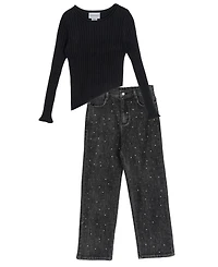 Rare Editions Girls 7-16 Asymmetrical Top with Rhinestone Embellished Wide Leg Denims, 2-Piece Set
