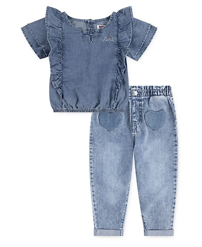 Levi's Girls Toddler 2T-4T Ruffle Top and Heart Pocket Pants, 2-Piece Set