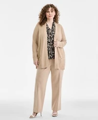 Anne Klein Plus Size Malibu Open Front Cardigan Printed Triple Pleat V Neck Blouse Mid Rise Pull On Straight Pants
