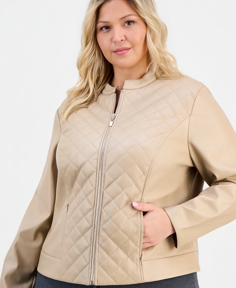 Anne Klein Essentials Plus Size Faux-Leather Quilt-Front Zip-Front Jacket