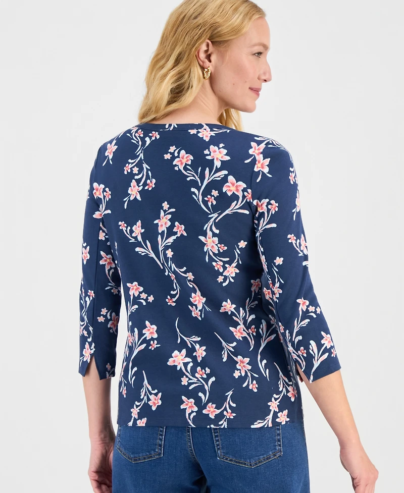 Style & Co Petite Pima Floral Sketch Boat Neck Top, Macy's Exclusive