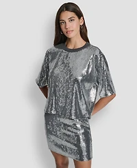 Dkny Jeans Women's Sequins Crewneck Boxy Short-Sleeve Relaxed T-Shirt