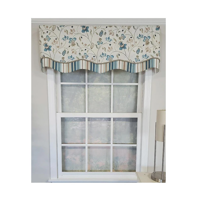 Rlf Home Sandra Glory Window Treatment 100% Cotton Stripe with Gimp Trim Luxurious Lining Valance 50"x15", Blue