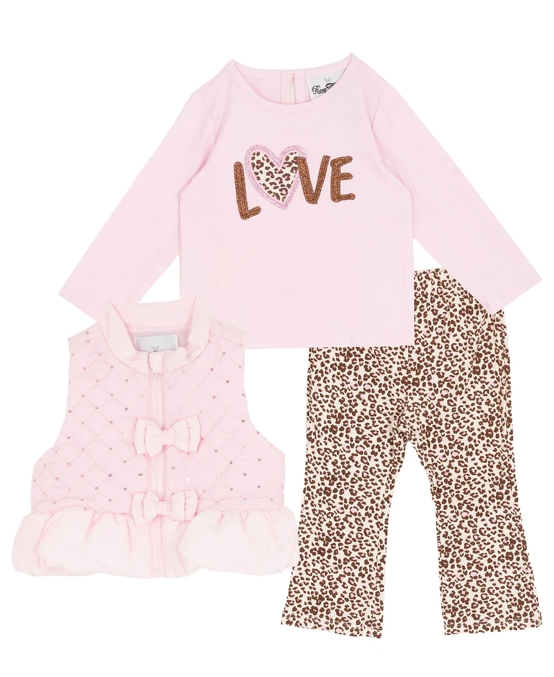 Rare Editions Baby Girls 3-Piece Pink Puffer Vest, Top and Leggings Set