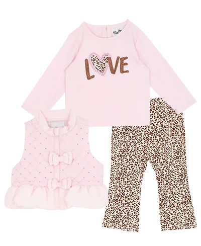 Rare Editions Baby Girls 3-Piece Pink Puffer Vest, Top and Leggings Set