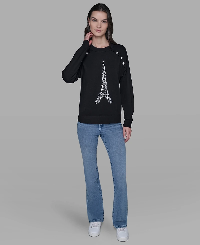 Karl Lagerfeld Paris Women's Eiffel Tower Print Crewneck Sweater