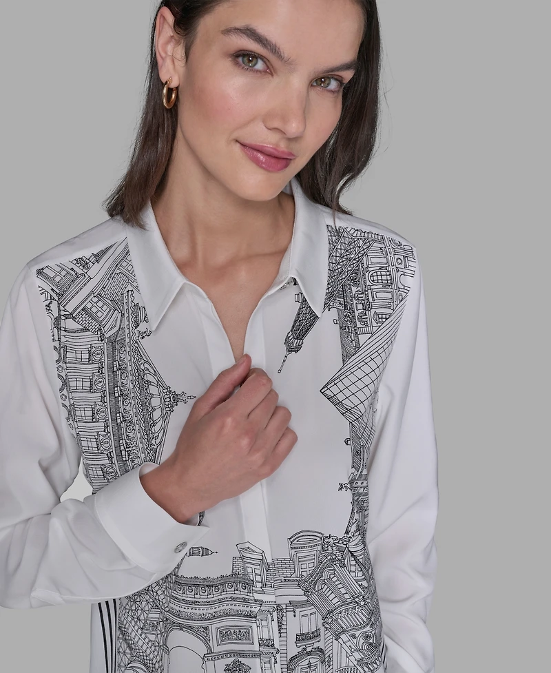 Karl Lagerfeld Paris Women's Placed Print Button Down Top