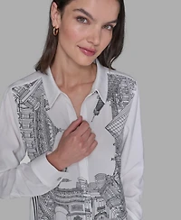 Karl Lagerfeld Paris Women's Placed Print Button Down Top
