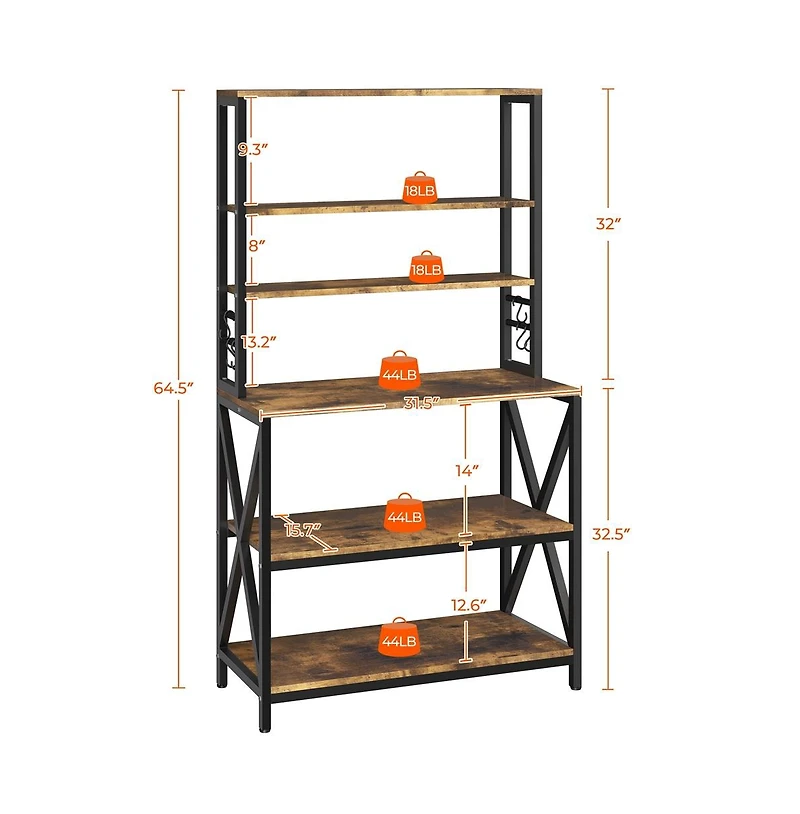 Yaheetech 64.5"H 6-Tier Metal & Particleboard Wine Rack, 10 Hooks, Power Outlets, Adjustable Feet Rustic Baker s Rack