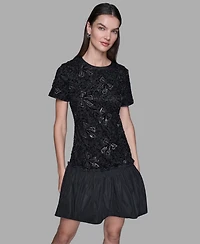 Karl Lagerfeld Paris Women's Sequin Bow Applique Drop-Waist Dress