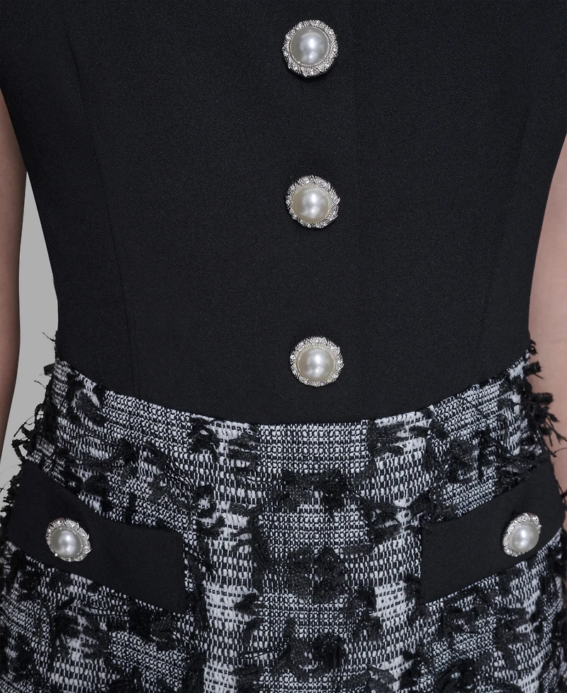 Karl Lagerfeld Paris Women's Contrast Tweed and Knit Button Front A Line Dress