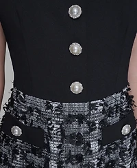 Karl Lagerfeld Paris Women's Contrast Tweed and Knit Button Front A Line Dress