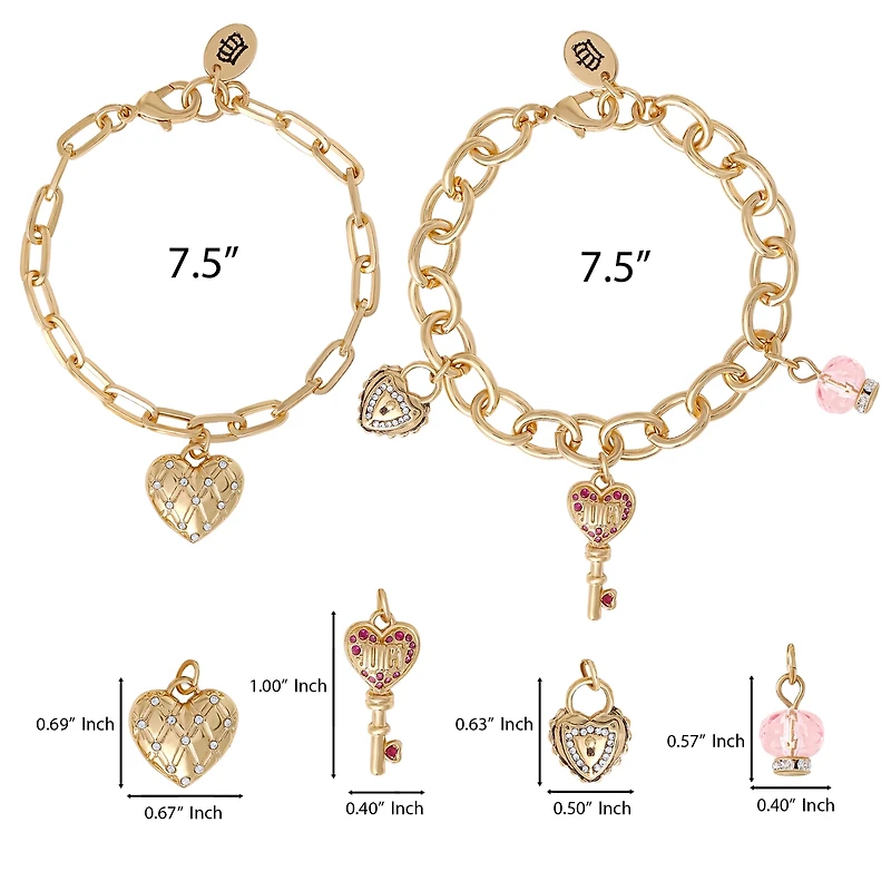 Juicy Couture Charm Bracelet Set with Heart and Key Charms - 7.5'' Chain