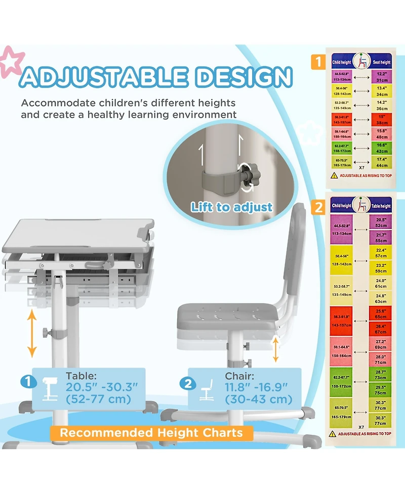 Qaba Height Adjustable Kids Desk and Chairs Set with Tilt Desktop,