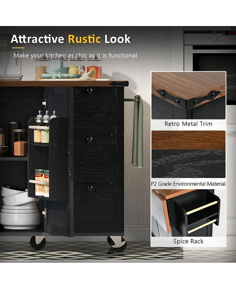 Kitchen Island with Power Outlet & Drop Leaf, 47.2" Farmhouse Rolling Cart Spice Rack Storage Drawers-Maison Boucle