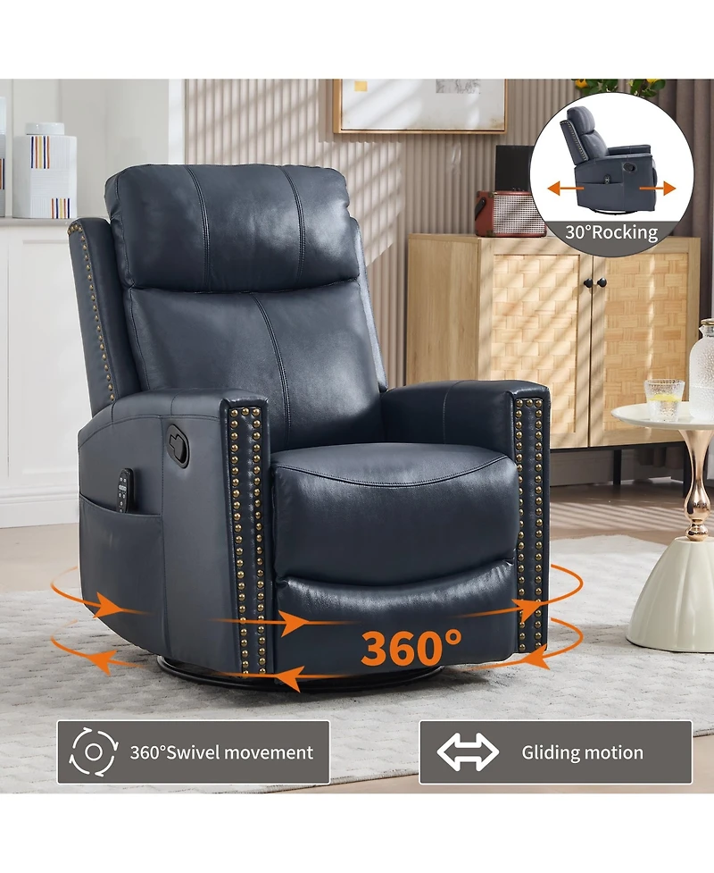 Genuine Leather Heat Massage Manual Recliner Chair with Rocker and Swivel for Living Room