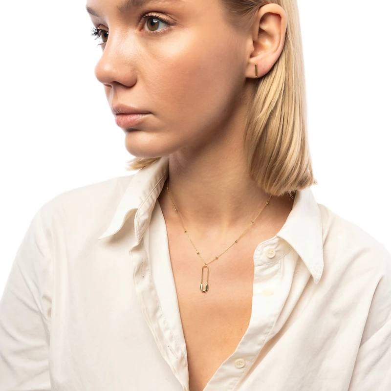 Sterling Silver Safety Pin Necklace With Beaded Satellite Chain