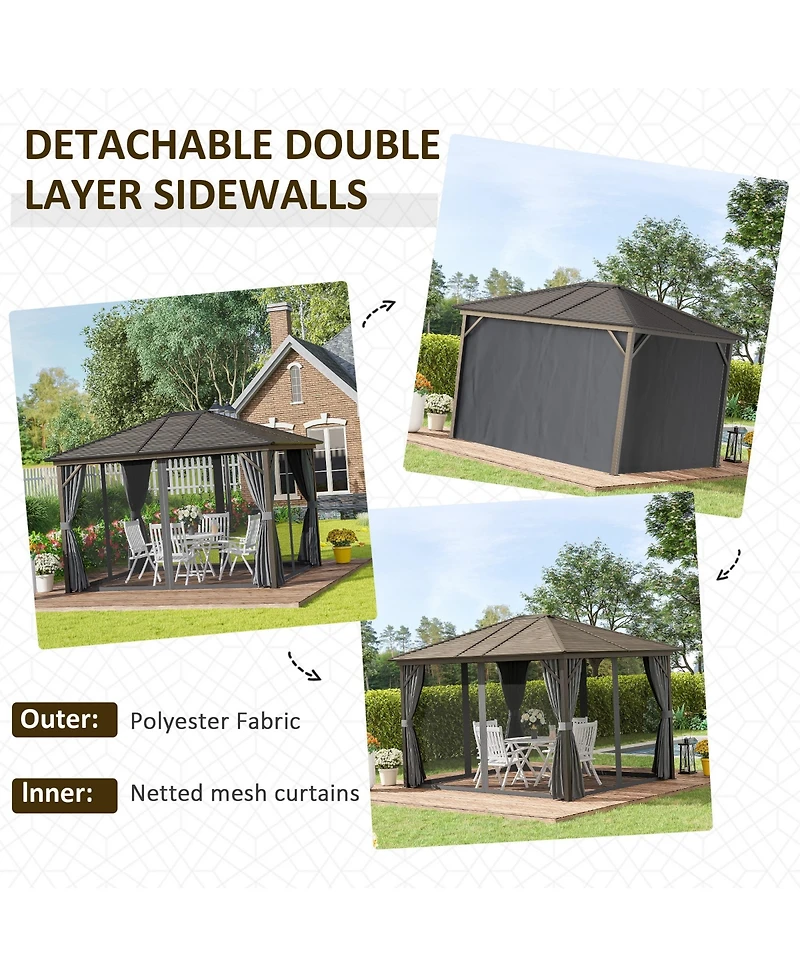 Outsunny 10'x12' Hardtop Gazebo, Mesh, Curtains, Steel Slat Canopy, Dark