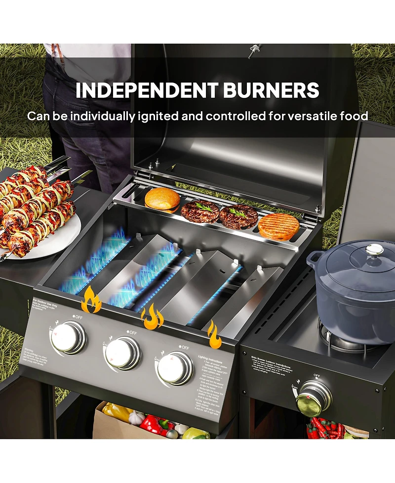 Outsunny 3 Burner Gas Grill with Side Burner and Shelves, Propane Bbq Grill