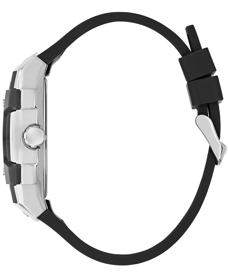 Guess Men's Silver-Tone Black Silicone Multi-Function Watch, 44mm