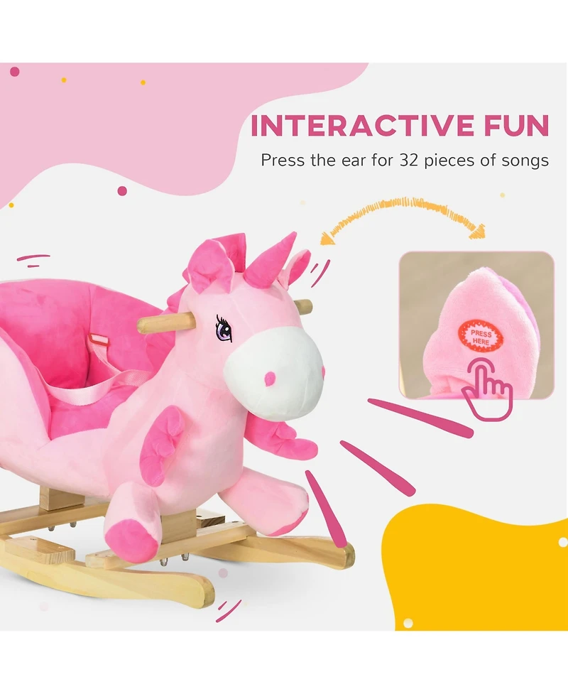 Qaba Kids Rocking Chair with Sound, Wood Base Seat, Safety Belt, Unicorn