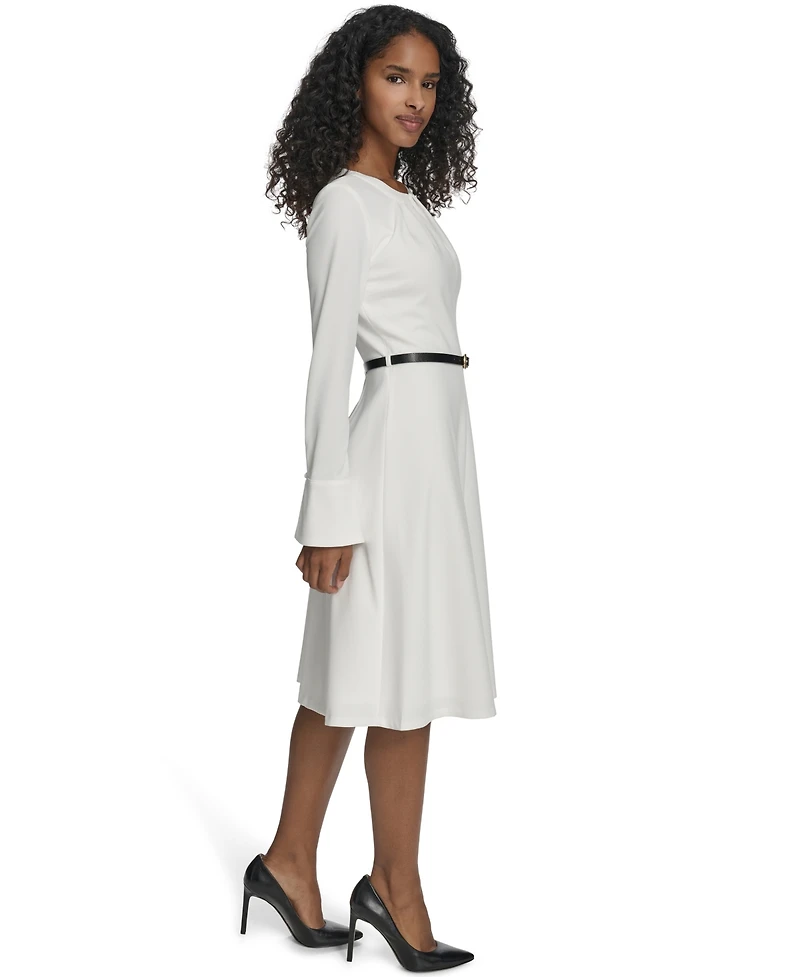 Calvin Klein Women's Belted Bell Sleeve Crewneck Dress