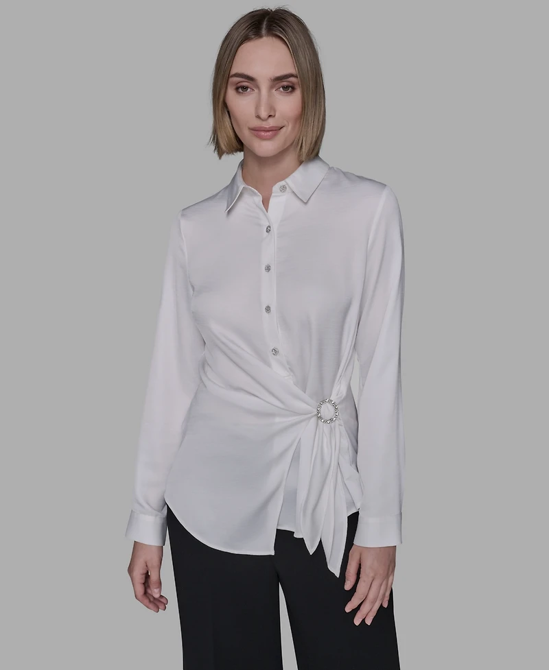 Karl Lagerfeld Paris Women's Long Sleeve Surplice Ring Detail Top