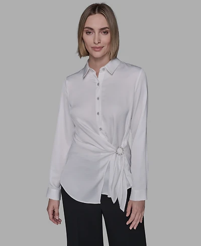 Karl Lagerfeld Paris Women's Long Sleeve Surplice Ring Detail Top