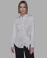 Karl Lagerfeld Paris Women's Long Sleeve Surplice Ring Detail Top