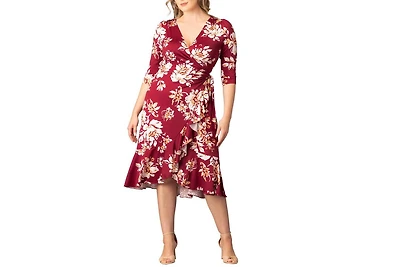 Kiyonna Plus Flirty Flounce Midi Wrap Dress with 3/4 Sleeves