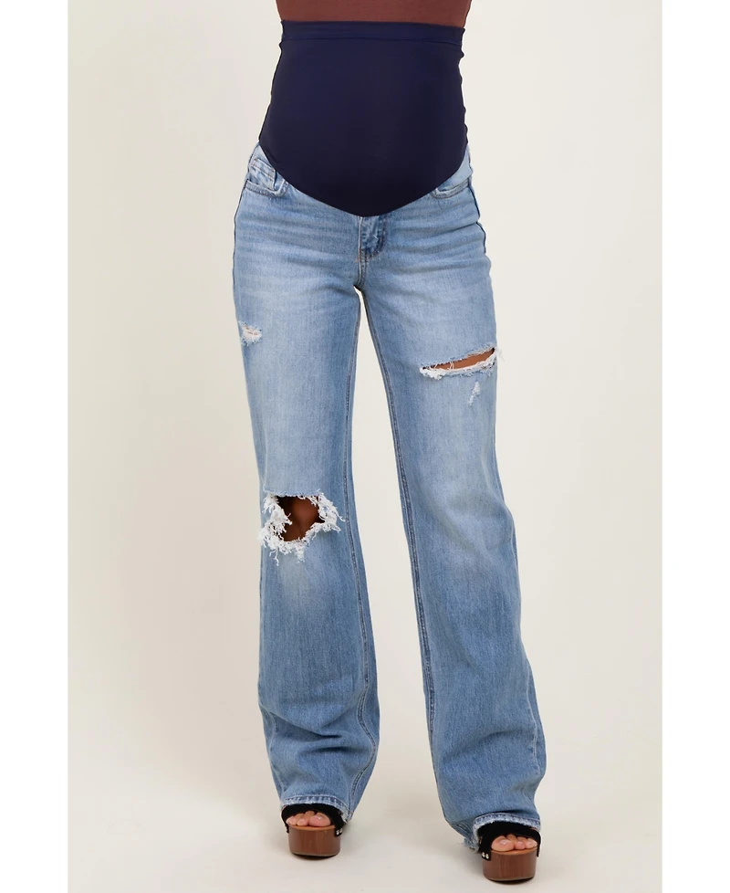 Pinkblush Maternity Light Blue Distressed Open Knee Straight Leg Jeans