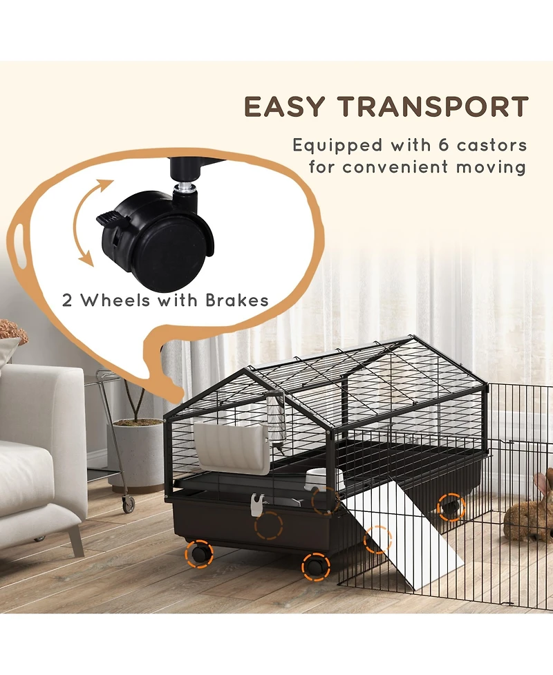 PawHut Small Animal Playpen Cage with Rolling Caster, Water Bottle 46.5"