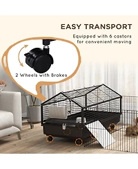 PawHut Small Animal Playpen Cage with Rolling Caster, Water Bottle 46.5"