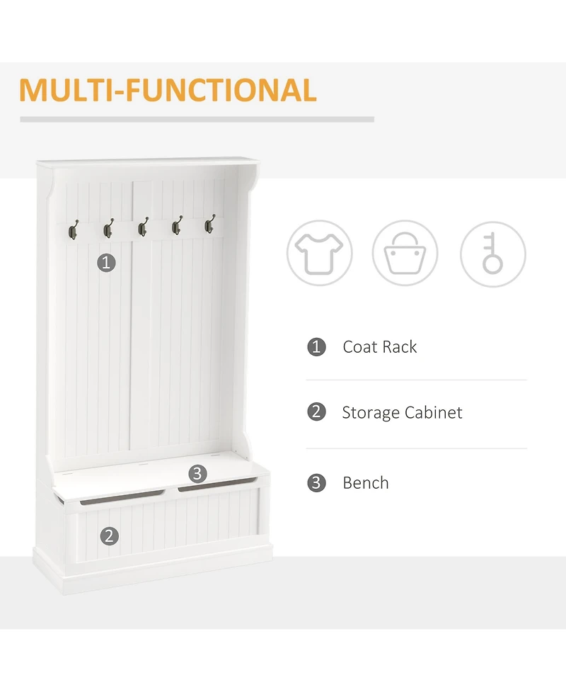 Homcom Wooden Hallway Coat Rack with Five Steel Hooks and Hinge Storage Sitting Area