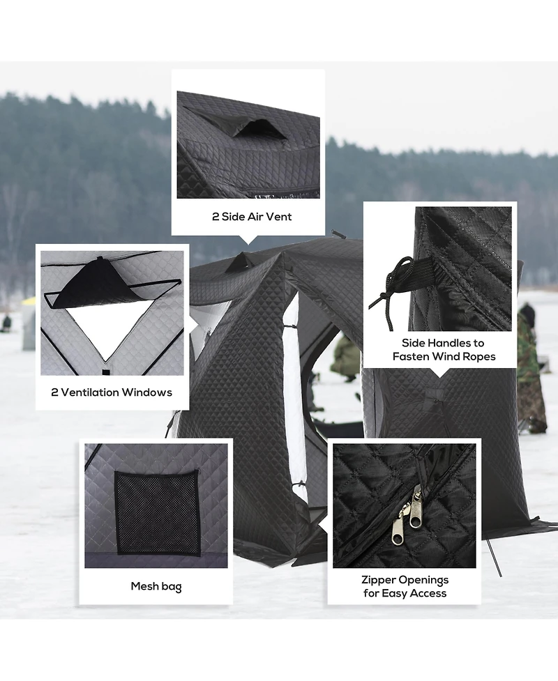 Outsunny 2 Person Ice Fishing Shelter with Padded Walls, Thermal Waterproof Portable Pop Up Ice Tent with 2 Doors, Black