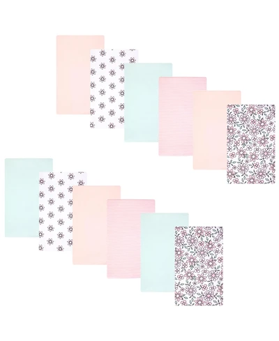 Hudson Baby Infant Girls Cotton Flannel Burp Cloths 12-Pack Bundle, Pink Mint Floral, One Size
