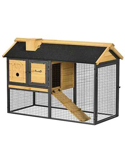 PawHut Wooden Rabbit Hutch Outdoor with Run, Bunny Cage with Removable Tray