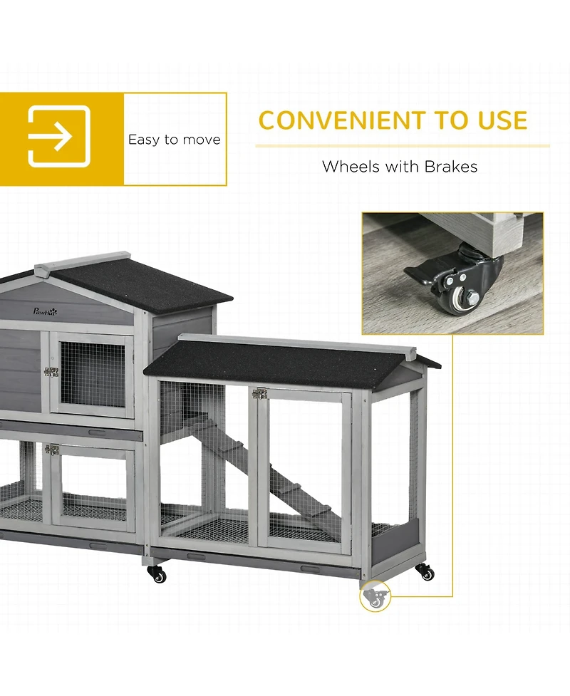 PawHut 62" Wooden Rabbit Hutch with Wheels, Run Box, No Leak Tray, and Ramp