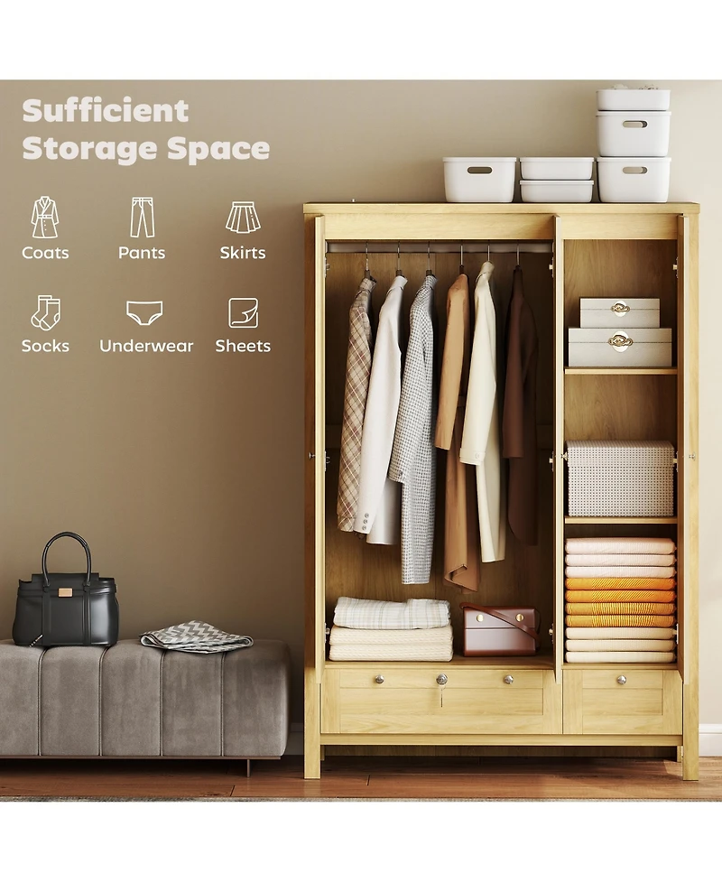 Homcom Wardrobe Closet with 3 Doors and 2 Drawers Bedroom Armoire Natural
