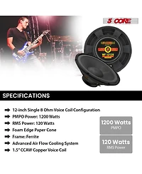 5 Core 12 Inch Guitar Amp Speaker Replacement 200W 8 Ohm Low Distortion for Electric Guitar Cabinets