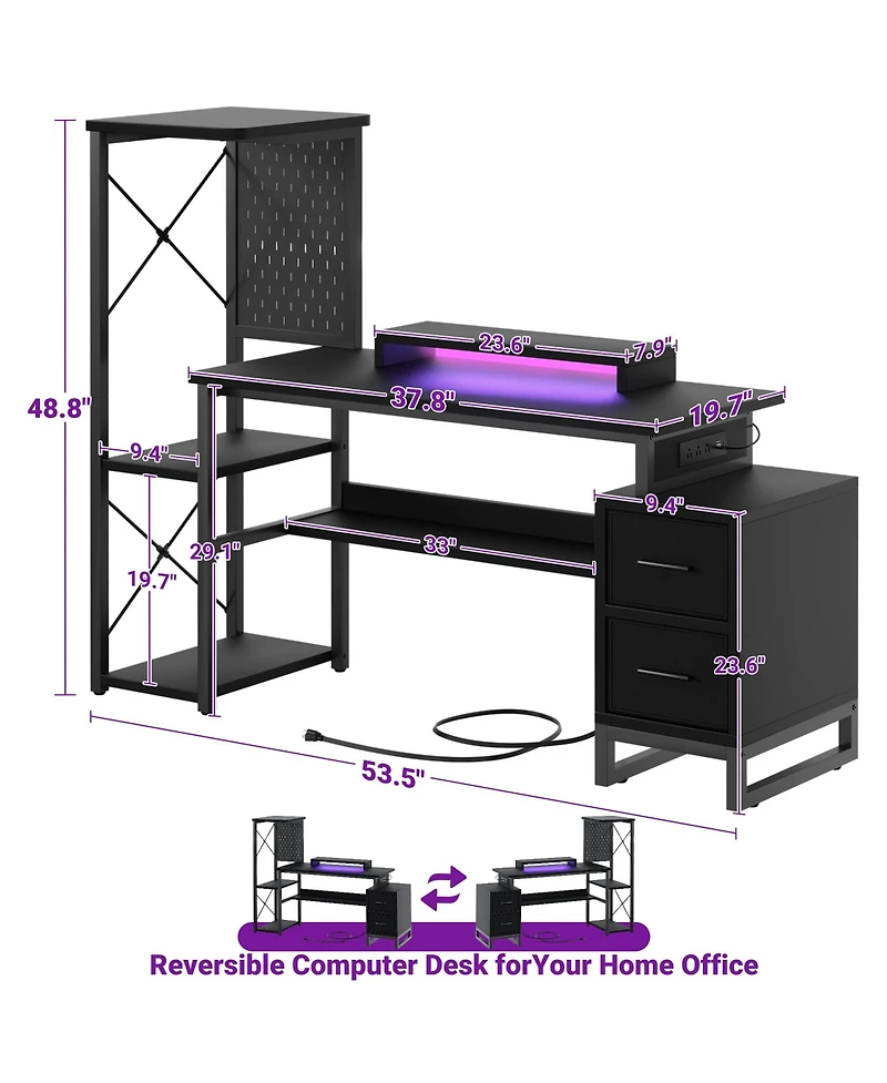Gaming Desk with 2 Fabric Drawers and Led Lights, Reversible Computer Outlets & Diy Pegboard