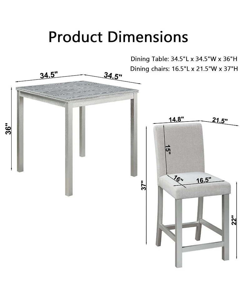 5-Piece Counter Height Dining Set with 4 Upholstered Chairs, 34.5" Square Table Crystal Trim for Small Room-Maison Boucle