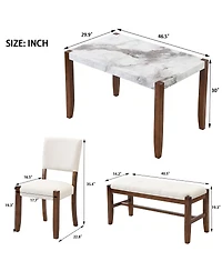 Maison Boucle 4-Piece Dining Table Set with Faux Marble Top, 2 Upholstered Chairs and Bench, Kitchen Table Set for Small Spaces