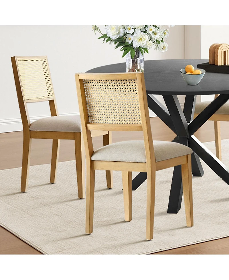 Maison Boucle 5-Piece Black Round Dining Set, Mdf Table with Faux Rattan Back Chairs and Upholstered Seats Apartment Small Dining Room-Maison Boucle