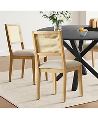 Maison Boucle 5-Piece Black Round Dining Set, Mdf Table with Faux Rattan Back Chairs and Upholstered Seats Apartment Small Dining Room-Maison Boucle