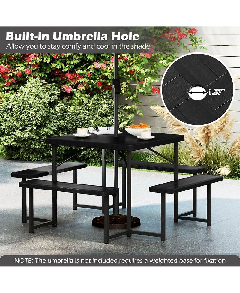 Outdoor Square Picnic Table Bench Set for 4-8 People with Umbrella Hole