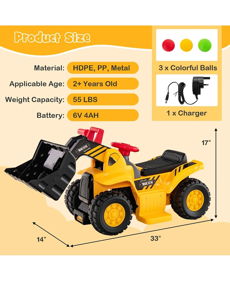 Sugift 6V Kids Ride On Bulldozer with Folding Basketball Hoop and Balls