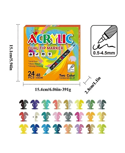 Htutwoo 24 Colors Dual Tip Acrylic Paint Markers for Kids and Adults, Wood, Canvas, Stone, Rock Painting, Glass, Ceramic Surfaces, Diy Crafts Making