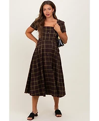 Pinkblush Maternity Brown Plaid Button Down Midi Dress